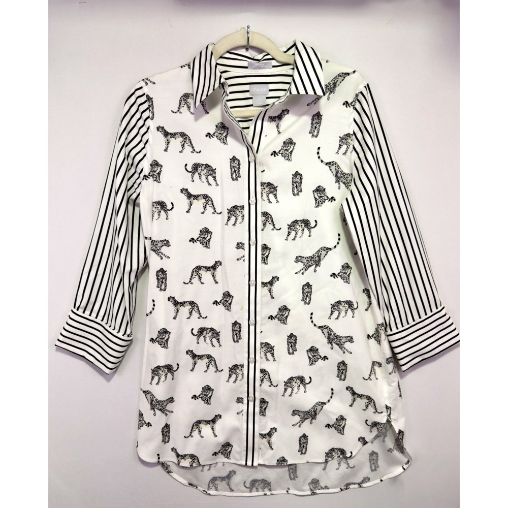 Chico's 0 S No Iron Tunic Shirt Big Cat Leopard Stripe Cotton Stretch Read Desc